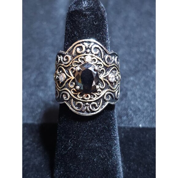 Source Unknown Jewelry - Vintage-Inspired Silver & Gold Toned Scrollwork Ring Sz 6 Black Onyx & CZ